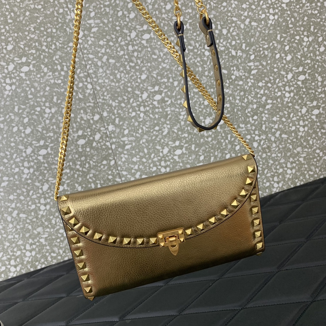 Valentino Garavani Rockstud Small Shoulder Bag in Gold Grainy Calfskin